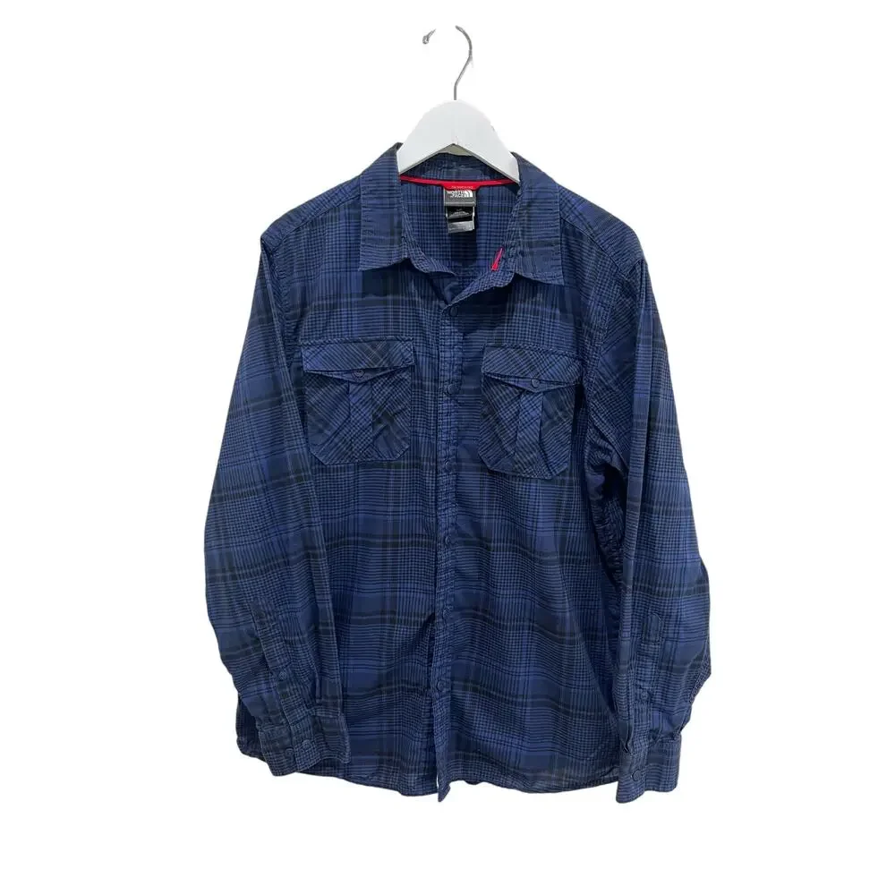 The North Face Mens Button Up Shirt L Long Sleeve Pocket Plaid Flannel Dark Blue